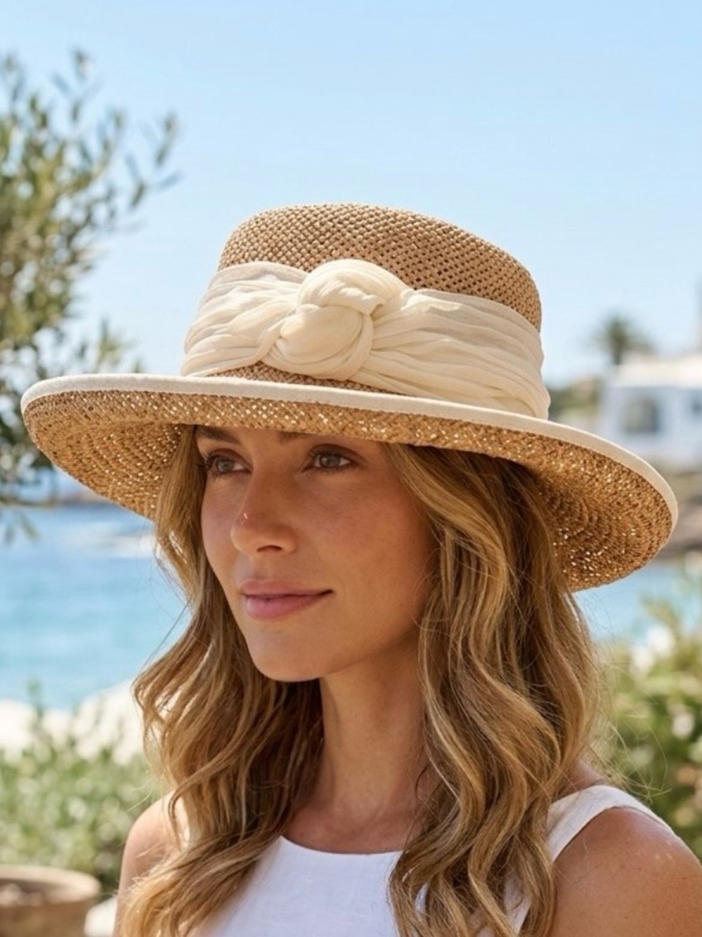 Vintage Eric Javits Woven Straw Sun Hat with Cream Chiffon Scarf Accent